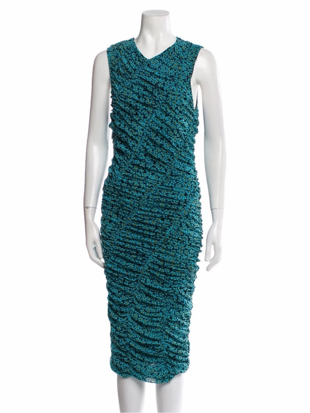 DVF Sleeveless Teal Ruched Mesh Dress